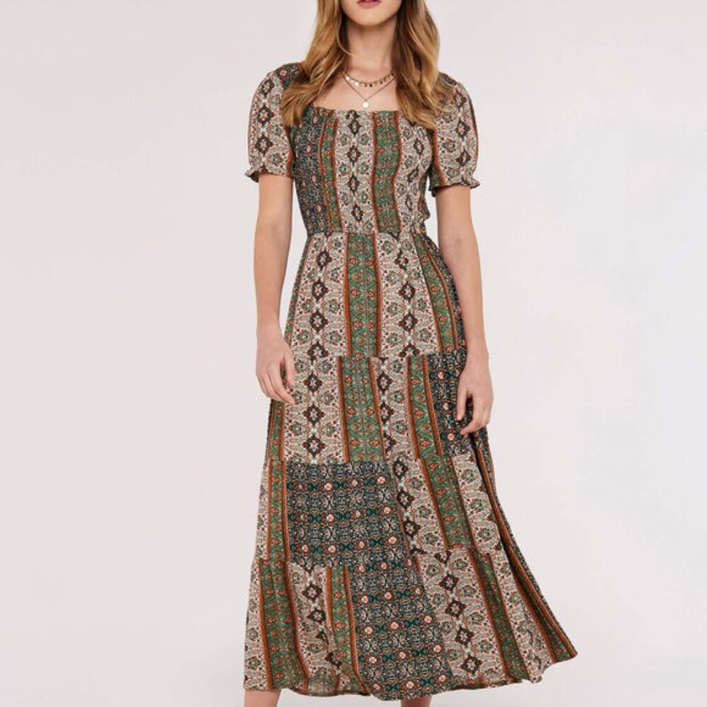Paisley smocked dress with puff sleeve